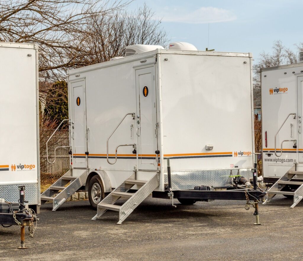 Row of porta john rentals in Rochester, NY