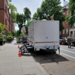 Restroom trailer on a city block