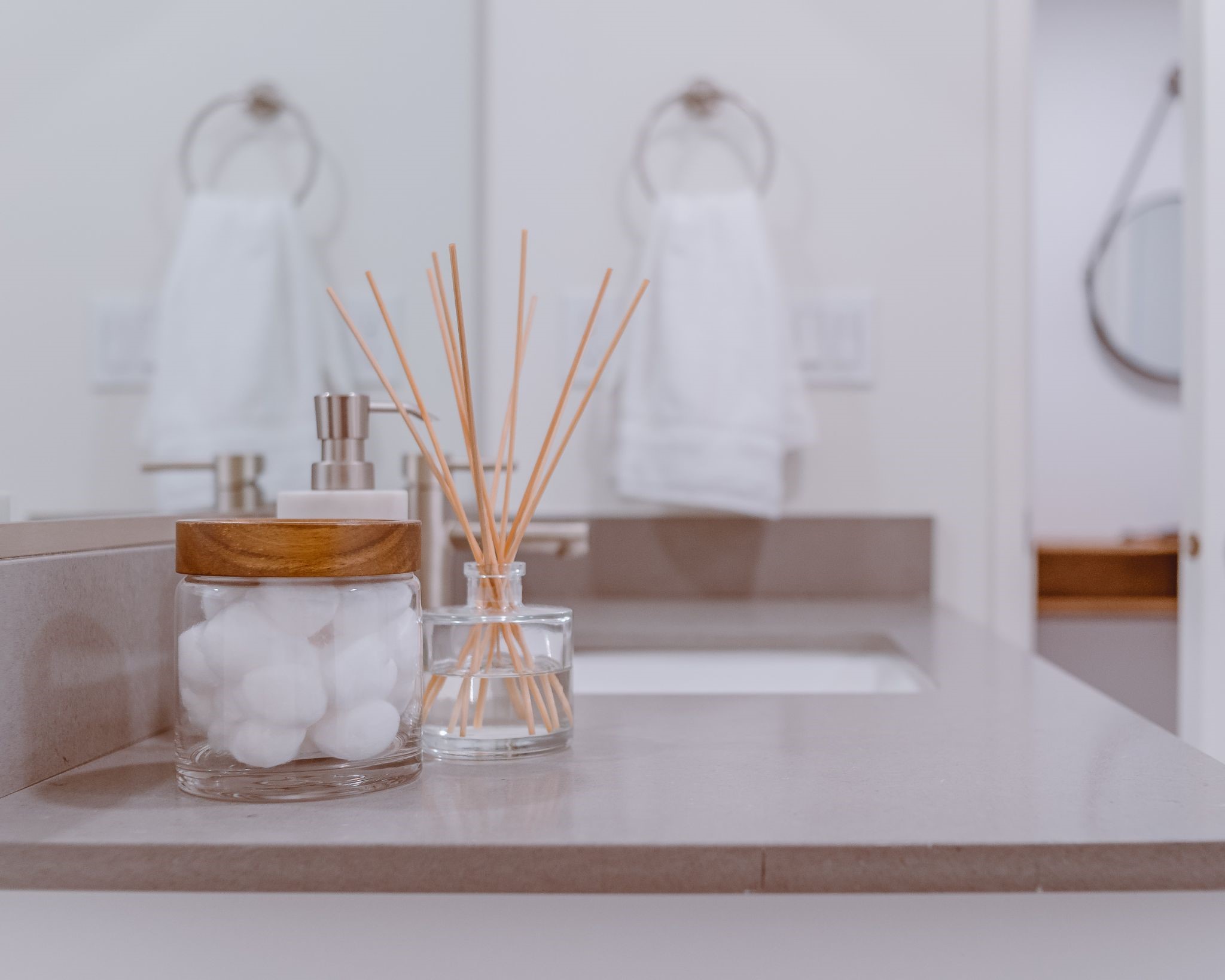 Clean bathroom counter with accessories