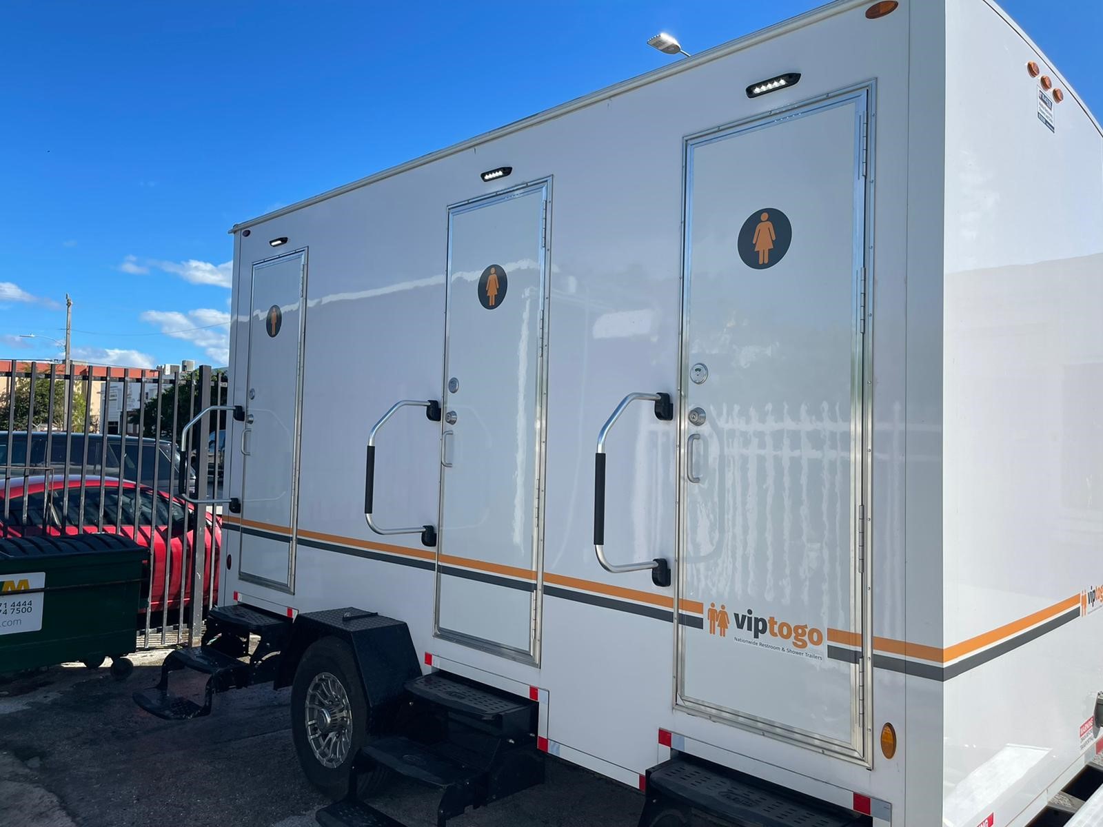 parked mobile restroom trailer